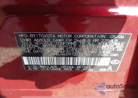 2007 Lexus Es 350 из США, поврежденный, VIN JTHBJ46G972019189